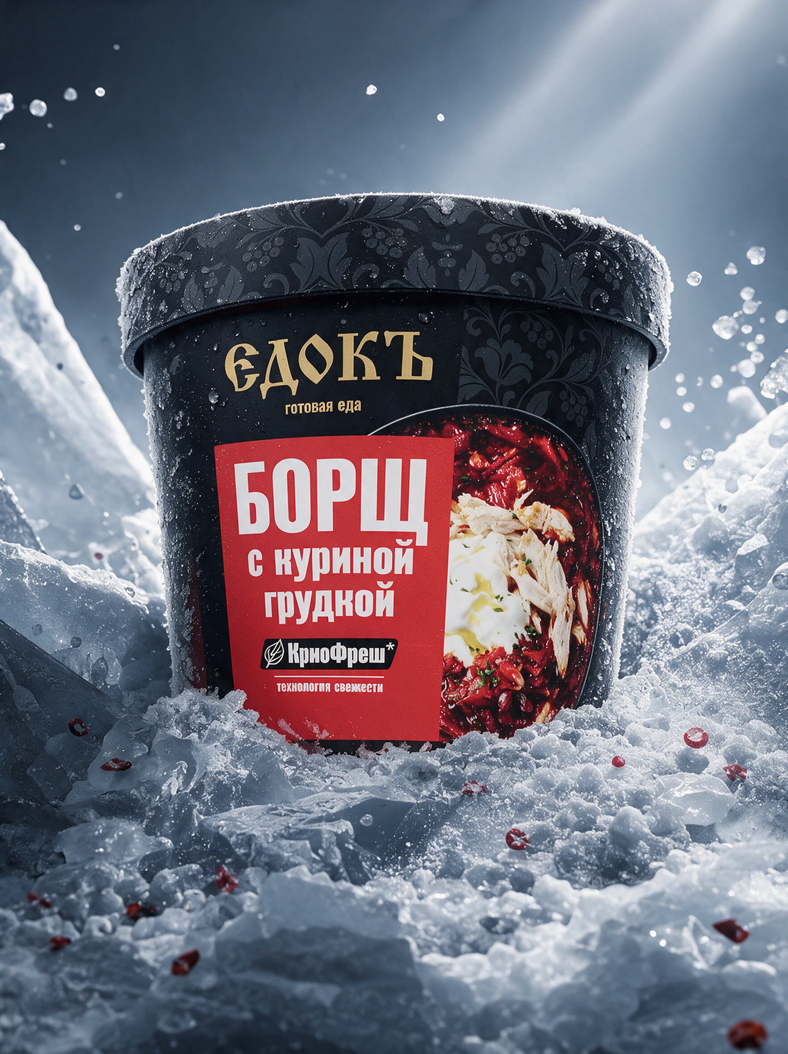 Фирменный стакан ЕДОКЪ с борщом среди кристаллов льда